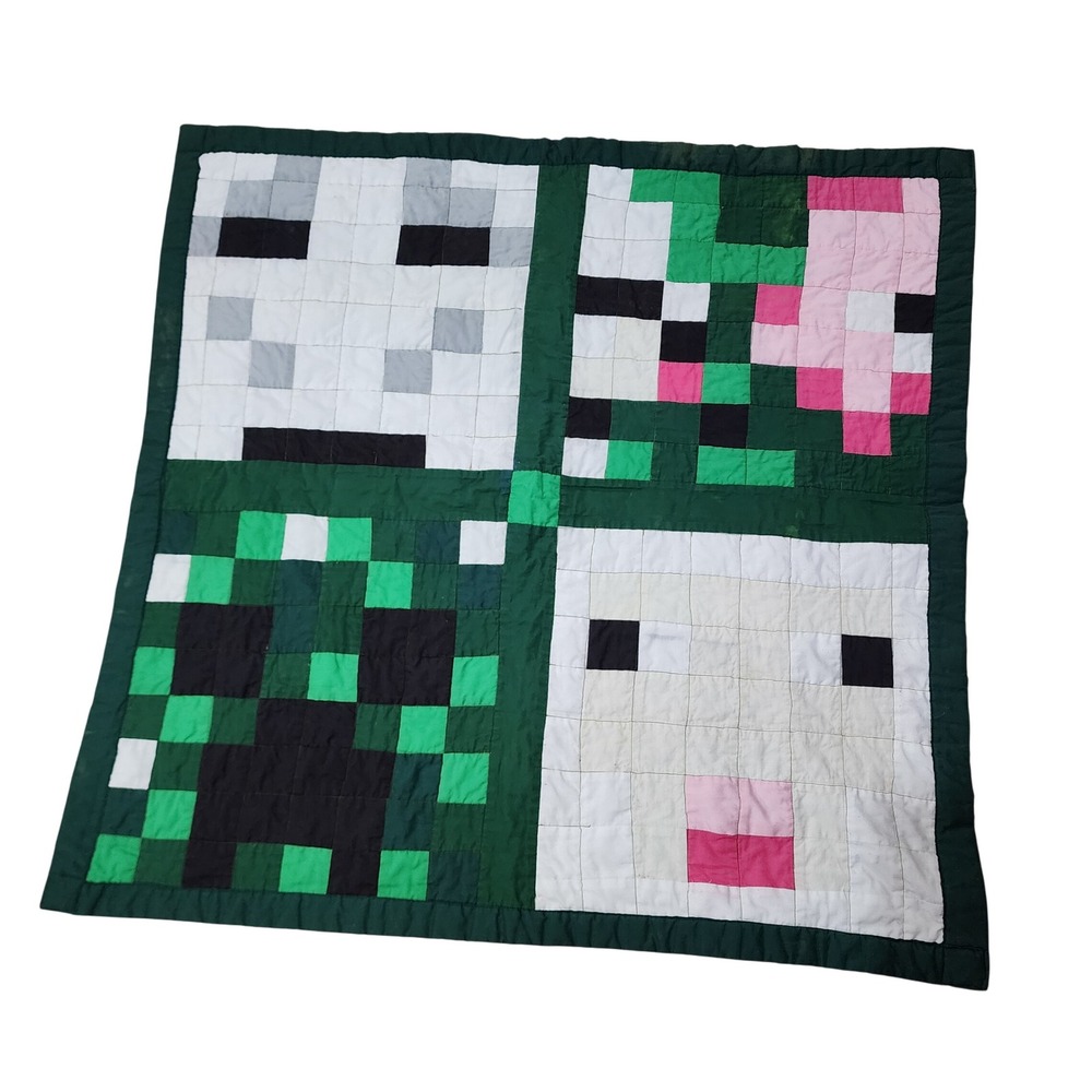 Handmade Minecraft Style Pixel Art Patchwork Quilt Creeper Skeleton 33.5x33.5
